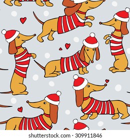 Christmas seamless pattern with image cartoon dogs dachshund in Santa hats and striped jersey. Vector illustration.