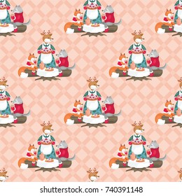 Christmas seamless pattern with the image of cute woodland animals. Vector background.