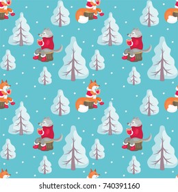 Christmas seamless pattern with the image of cute woodland animals. Vector background.