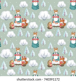 Christmas seamless pattern with the image of cute woodland animals. Vector background.
