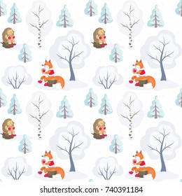 Christmas seamless pattern with the image of cute woodland animals. Vector background.