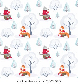 Christmas seamless pattern with the image of cute woodland animals. Vector background.