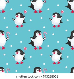 Christmas seamless pattern with the image of cute penguins. Children's vector background.