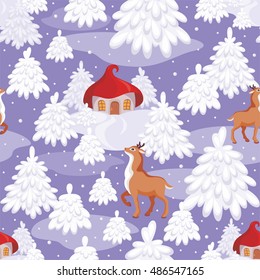Christmas seamless pattern with the image of a fairy-tale winter forest, small houses and fawns