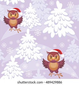 Christmas seamless pattern with the image of a fairytale winter forest and owl in Santa Claus's cap