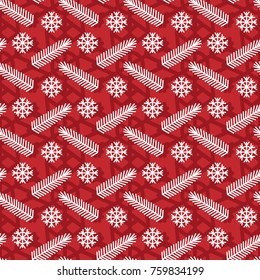 Christmas seamless pattern with the image of fir tree branches and snowflakes. Vector illustration
