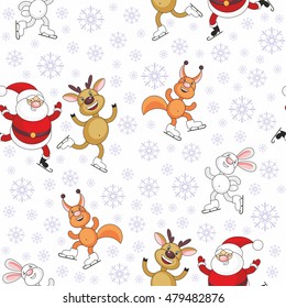 Christmas seamless pattern with the image of funny animals and Santa Claus