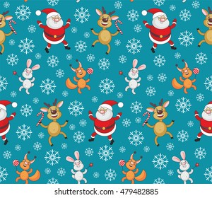 Christmas seamless pattern with the image of funny animals and Santa Claus