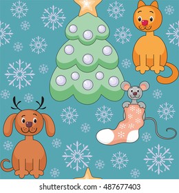 Christmas seamless pattern with the image of funny pets and Christmas tree
