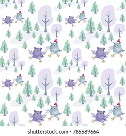 Christmas seamless pattern with the image of funny owls. Full color vector background.