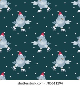 Christmas seamless pattern with the image of funny owls. Full color vector background.