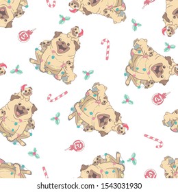 Christmas seamless pattern with the image of little cute puppies in the hat of Santa Claus.