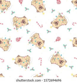 Christmas seamless pattern with the image of little cute puppies in the hat of Santa Claus.
