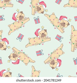 Christmas seamless pattern with the image of little cute puppies in the hat of Santa Claus. Children's vector background.