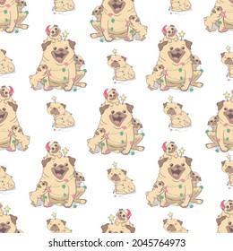 Christmas seamless pattern with the image of little cute puppies in the hat of Santa Claus. Children's vector background.