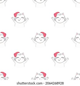 Christmas seamless pattern with the image of little cute kittens in the hat of Santa Claus. Children's vector background.