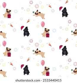 Christmas seamless pattern with the image of little cute pug puppies . Children's background.