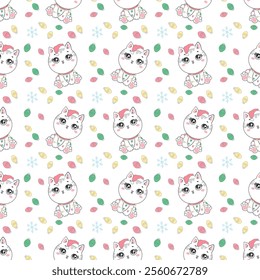 Christmas seamless pattern with the image of little cute kittens in the hat of Santa Claus. Children's vector background.