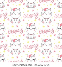 Christmas seamless pattern with the image of little cute kittens in the hat of Santa Claus. Children's vector background.