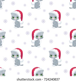 Christmas seamless pattern with the image of little cute kittens in the hat of Santa Claus. Children's vector background.