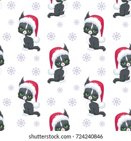 Christmas seamless pattern with the image of little cute kittens in the hat of Santa Claus. Children's vector background.