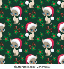Christmas seamless pattern with the image of little cute kittens in the hat of Santa Claus. Children's vector background.