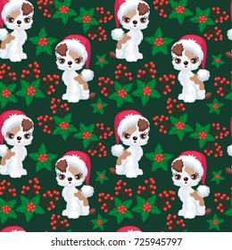 Christmas seamless pattern with the image of little cute puppies in the hat of Santa Claus. Children's vector background.
