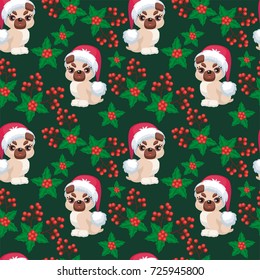 Christmas seamless pattern with the image of little cute puppies in the hat of Santa Claus. Children's vector background.