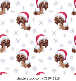 Christmas seamless pattern with the image of little cute puppies in the hat of Santa Claus. Children's vector background.