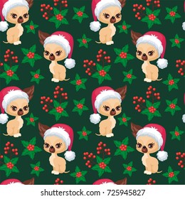Christmas seamless pattern with the image of little cute puppies in the hat of Santa Claus. Children's vector background.