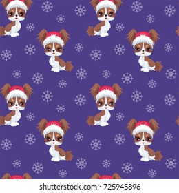 Christmas seamless pattern with the image of little cute puppies in the hat of Santa Claus. Children's vector background.