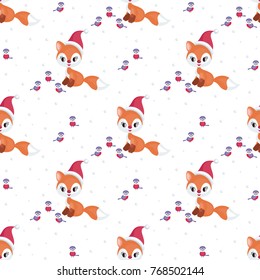 Christmas seamless pattern with the image of the little cute fox. Vector background.