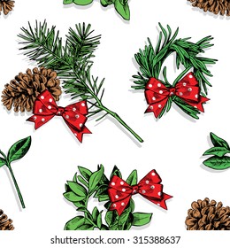 Christmas seamless pattern with the image of a needles branch, pine cone, wreath, bow. Vector illustration.