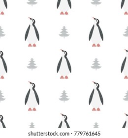 Christmas seamless pattern with the image of a penguin in Scandinavian style. Vector illustration