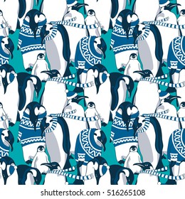 Christmas Seamless pattern. Image Penguins in a blue nordic pullover and in a striped scarf on a green-blue background. Vector illustration.