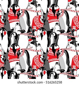 Christmas Seamless pattern. Image Penguins in a red nordic pullover and in a striped scarf. Vector illustration.