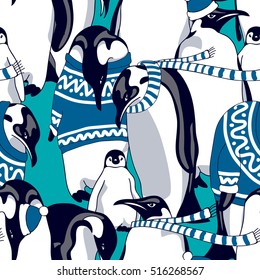 Christmas Seamless pattern. Image Penguins in a blue nordic pullover and in a striped scarf on a green-blue background. Vector illustration.