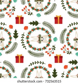 Christmas seamless pattern with the image of a rabbit. Vector illustration