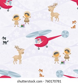 Christmas seamless pattern with the image of Santa Claus, Eskimo people and husky dogs cute polar animals. Vector background.