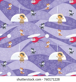 Christmas seamless pattern with the image of Santa Claus, Eskimo people and husky dogs. Vector background.