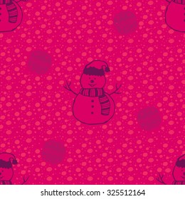 Christmas seamless pattern image snowman, knitted scarf, hat, Christmas ball, snow