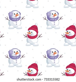 Christmas seamless pattern with the image of snowmen in cartoon style. Vector colorful background