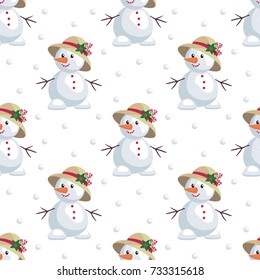 Christmas seamless pattern with the image of snowmen in cartoon style. Vector colorful background