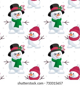 Christmas seamless pattern with the image of snowmen in cartoon style. Vector colorful background