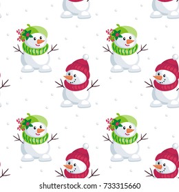 Christmas seamless pattern with the image of snowmen in cartoon style. Vector colorful background