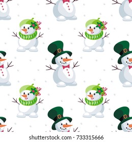 Christmas seamless pattern with the image of snowmen in cartoon style. Vector colorful background