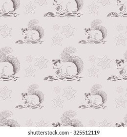 Christmas seamless pattern image a squirrel, knitted cap, nuts, Christmas cookies