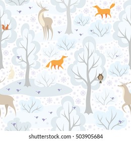 Christmas seamless pattern with the image of the winter forest and wild animals