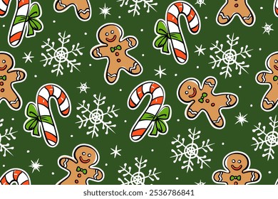 Christmas seamless pattern. The pattern includes candy cane, gingerbread man, snowflakes. Colorful elements on a green background. Festive print. Vector illustration.