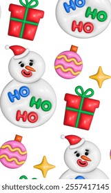 Christmas seamless pattern with inflated 3D toys in y2k style. New Year's gifts, snowman and stars with reflective plastic texture.